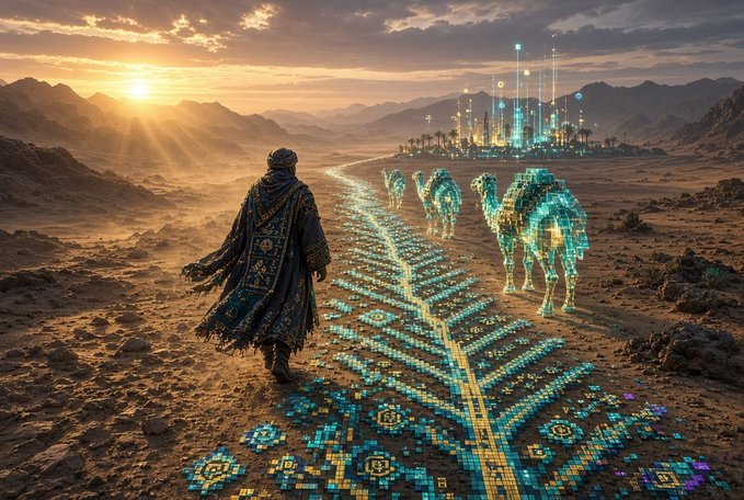 A desert scene at sunset shows a robed figure walking toward a futuristic glowing city, accompanied by holographic camels and an intricate turquoise and gold mosaic pathway.