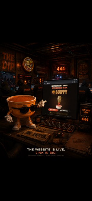 A promotional graphic for 'The Dip' cryptocurrency mem coin features an anthropomorphic coffee cup wearing sunglasses and boxing gloves on a desk, with text reading 'THE WEBSITE IS LIVE. LINK IN BIO.'