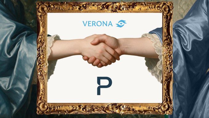 A classical painting in an ornate gold frame depicts two hands shaking, with the "VERONA" logo and a "P" symbol overlaid on the image.