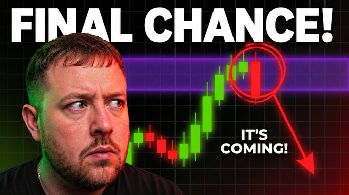 A YouTube thumbnail shows a man with a concerned expression next to a candlestick chart showing a price surge followed by a sharp red drop, with bold text reading "FINAL CHANCE!" at the top and "IT'S COMING!" with a downward red arrow, visually emphasizing the post's warning that Bitcoin's rally may not be over yet.