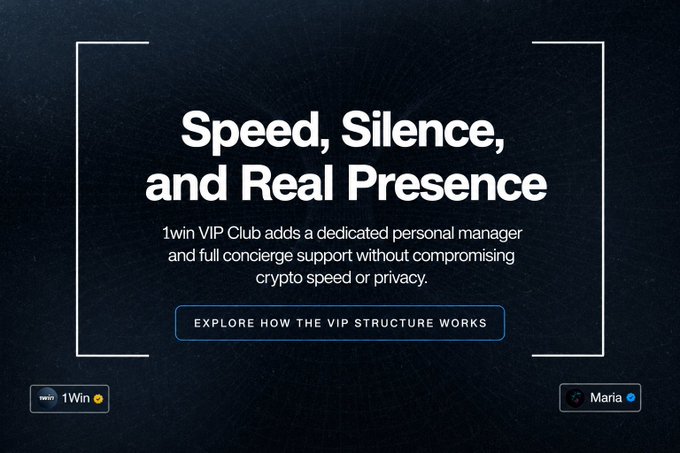 A promotional graphic for "1win VIP Club" with the headline "Speed, Silence, and Real Presence," explaining how members receive concierge support without sacrificing crypto transaction speed or privacy, featuring a call-to-action button labeled "EXPLORE HOW THE VIP STRUCTURE WORKS" alongside a "1Win" social tag and a "Maria" user handle.

The image directly visualizes the post's central claim—presenting the three pillars (speed, silence, presence) as a branded framework—while teasing the dedicated VIP manager service described in the caption.