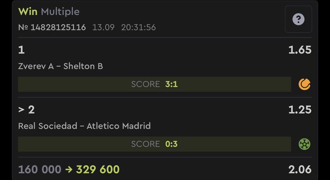 A 'Win Multiple' sports betting interface showing odds for 'Zverev A - Shelton B' (Score 3:1) and 'Real Sociedad - Atletico Madrid' (Score 0:3), with a payout of 329,600 from a 160,000 bet.
