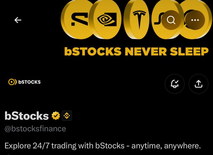 A social media profile banner for 'bStocks' (@bstocksfinance) with the tagline 'bSTOCKS NEVER SLEEP' and logos for various financial brands.