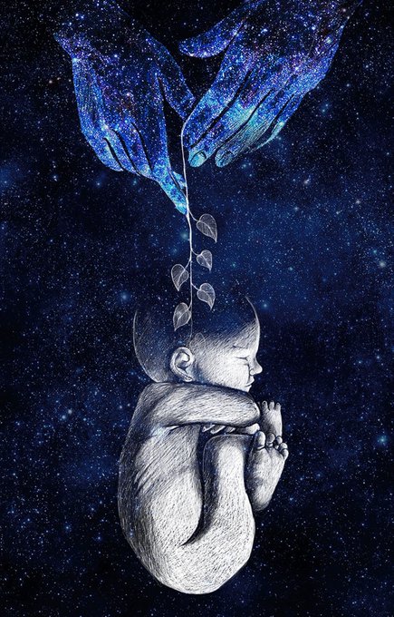 A fetal baby floats in a cosmic, star-filled void, curled with eyes closed in peaceful repose, connected by a delicate vine to two ethereal, galaxy-like hands above. The artwork, titled "Creation," is entirely rendered through intricate scribbling and fine lines, depicting the tender moment of life being bestowed from the cosmos onto the unborn child.