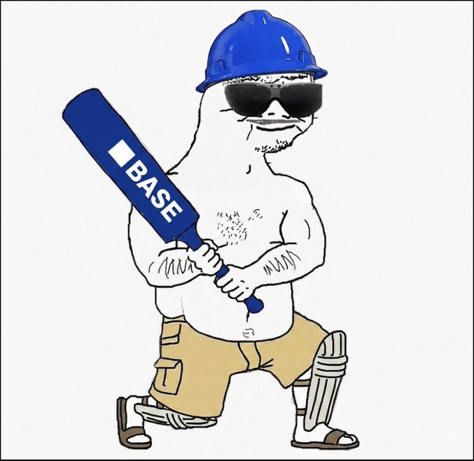 A chubby cartoon figure wearing a blue hard hat, sunglasses, and cargo shorts holds a blue cricket bat labeled "BASE," representing Base App's meme response to Crypto Twitter about "uncs" (uncles) trading. The image humorously personifies Base as a confident, laid-back character ready to "bat" against the chaos of CT's meme frenzy.