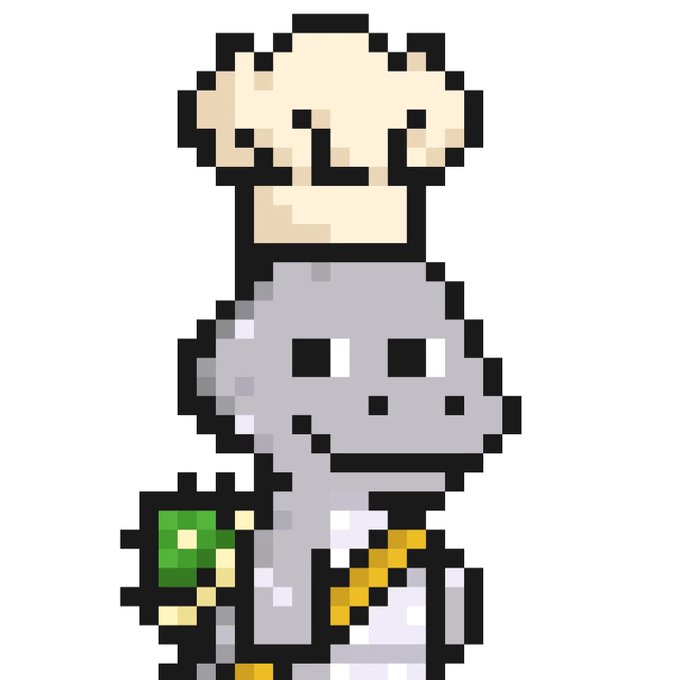 A pixel art illustration of a gray character wearing a tall chef's hat, holding a bowl of green food in one hand and a yellow item in the other.