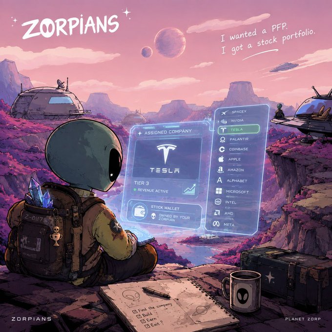 Stylized digital artwork for 'ZORPIANS' showing an astronaut on an alien planet with floating holograms displaying 'ASSIGNED COMPANY: TESLA, TIER 3, STOCK WALLET' and a list including SpaceX, Nvidia, Palantir, Coinbase, Apple, Amazon, Alphabet, Microsoft, Intel, AMD, and Meta, with text reading 'I wanted a PFP. I got a stock portfolio.'