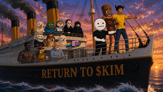 A diverse group of internet memes and figures are on the deck of a ship with "RETURN TO $KIM" written on its hull, mirroring the iconic scene from the movie Titanic. This image visually represents the sentiment of the accompanying post that the sender is continuing to promote $KIM despite a lack of widespread interest.