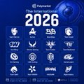 A vertical tournament poster for 'Polkastarter The International 2026' displaying a grid of esports team logos against a dark blue background.