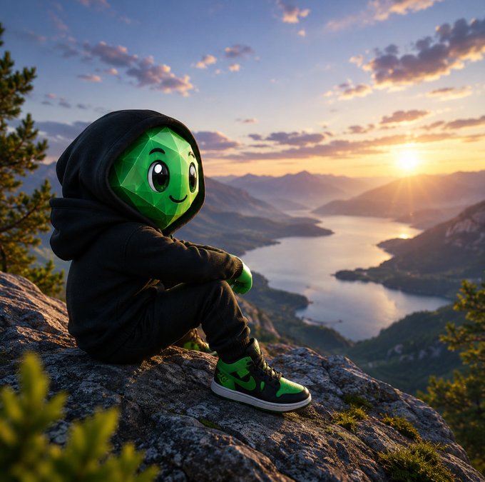 A whimsical 3D-style illustration of a green cartoonish character wearing a black hoodie and green-and-black sneakers, sitting contemplatively on a rocky cliff overlooking a scenic mountain lake at sunset.