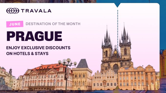 The image features a poster for a travel promotion that offers exclusive discounts on hotels and stays, specifically targeting Bitcoiners who are planning to visit Prague this June. The poster includes a photo of Prague's historic buildings, which adds to the appeal of the offer. The text in the image reads "June 10-15: Get your deal here bitly/4ubqXSq". This suggests that the promotion is available for Bitcoiners who want to book their accommodations and experiences through the provided link or social media account.
