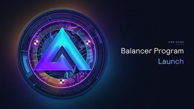 A futuristic graphic featuring a glowing blue triangular emblem within a circular tech-inspired frame announces "Balancer Program Launch" under the "GMX NEWS" header. The high-tech visual reinforces the message of GMX's new Balancer Program, which rewards trading desks for consistently taking the underweight side of GMX's markets to earn positive price impact and funding.