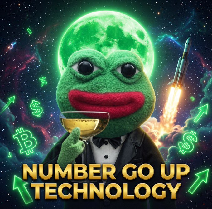 An anthropomorphic Pepe frog in a tuxedo sips champagne against a cosmic backdrop with a rocket launch and green "number go up" arrows surrounding floating Bitcoin and dollar symbols, beneath the gold text "NUMBER GO UP TECHNOLOGY." The image parodies crypto hype culture, visually celebrating the ticker $PP's upward momentum with rockets, glowing moons, and rising arrows signaling gains.