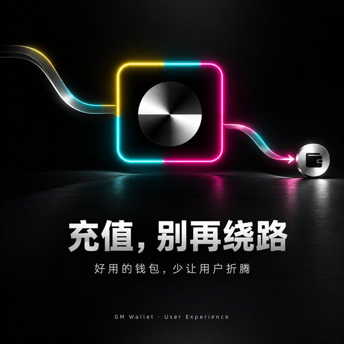A digital advertisement for 'GM Wallet - User Experience' featuring neon lines flowing into a metallic disc and wallet icon, accompanied by the Chinese text '充值，别再绕路' and '好用的钱包，少让用户折腾'.