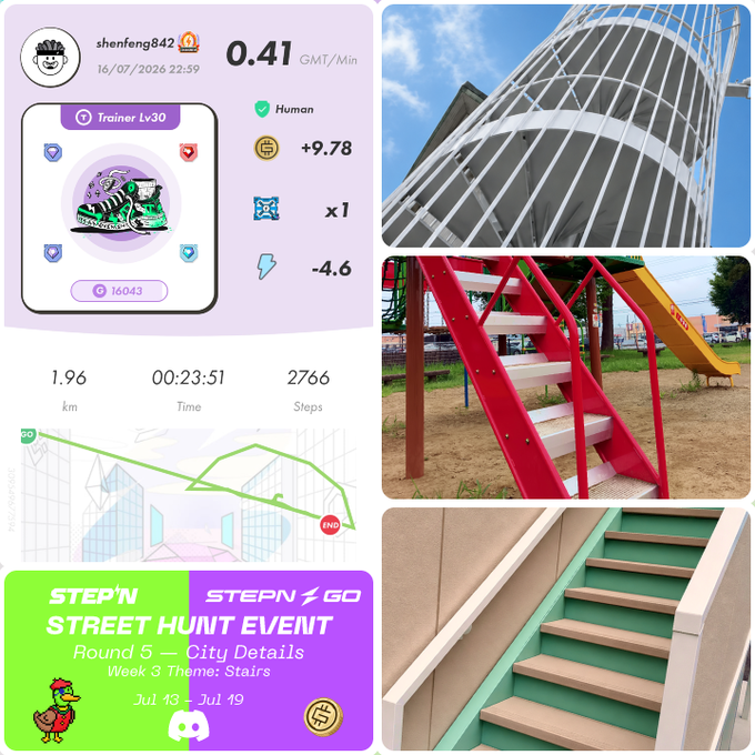 A STEP'N app screenshot showing fitness stats (1.96 km, 00:23:51 time, 2766 steps) alongside photos of stairs, promoting the 'STEP'N STREET HUNT EVENT Round 5 - City Details' with 'Week 3 Theme: Stairs'.