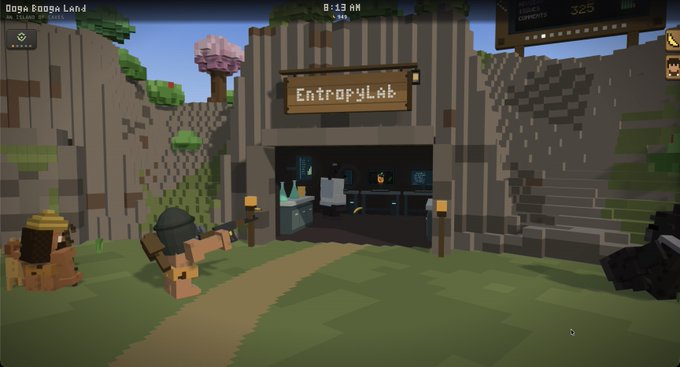 A first-person view in the 'Doga Booga Land' voxel game at 8:13 AM, facing a stone entrance with a wooden sign reading 'EntropyLab'.