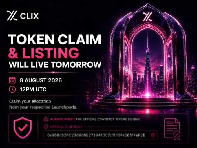 Promotional banner for CLIX announcing 'TOKEN CLAIM & LISTING WILL LIVE TOMORROW' on 8 August 2026 at 12PM UTC, featuring a futuristic archway over a neon city skyline.