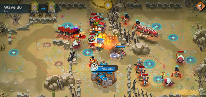 The image shows a video game scene with various characters, vehicles, and buildings scattered throughout the landscape. The main focus of the image is a large explosion that has caused chaos among the characters within the game. There are several people standing around the explosion, some closer to the center while others are more towards the edges of the frame. 

The post also contains text elements such as "Wave 30", "Ronin Network", and "@playwildforest". These details suggest that this image is part of a larger gaming community or event where players can share their experiences and discuss the game's content, including the explosion in the center of the scene.