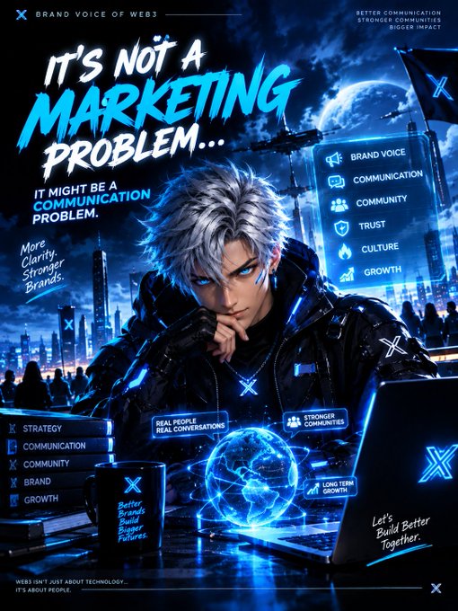 A digital poster featuring an anime-style character in a cyberpunk setting with the text 'IT'S NOT A MARKETING PROBLEM...', 'X BRAND VOICE OF WEB3', and 'Let's Build Better Together.'