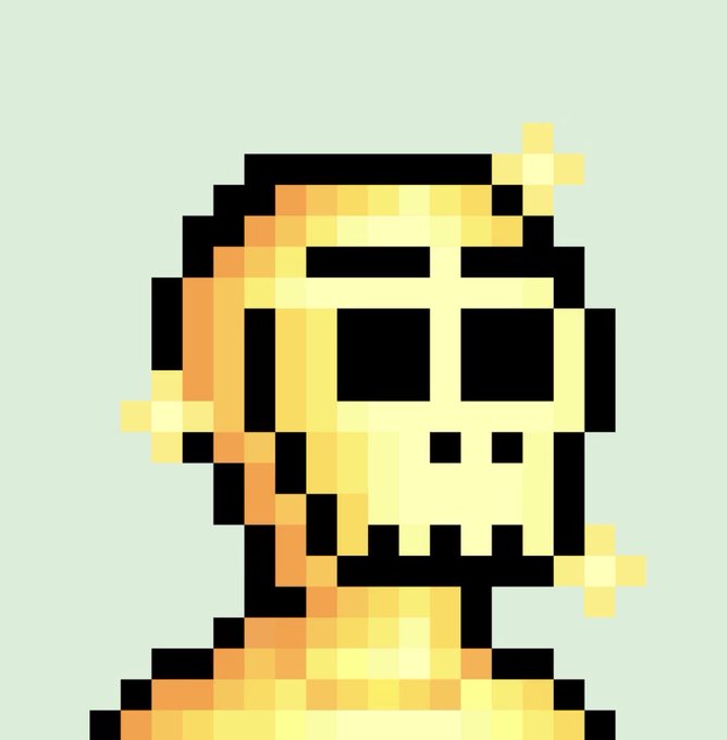 A pixel art portrait of a bald character with a skull-like face in orange and yellow tones against a pale green background.