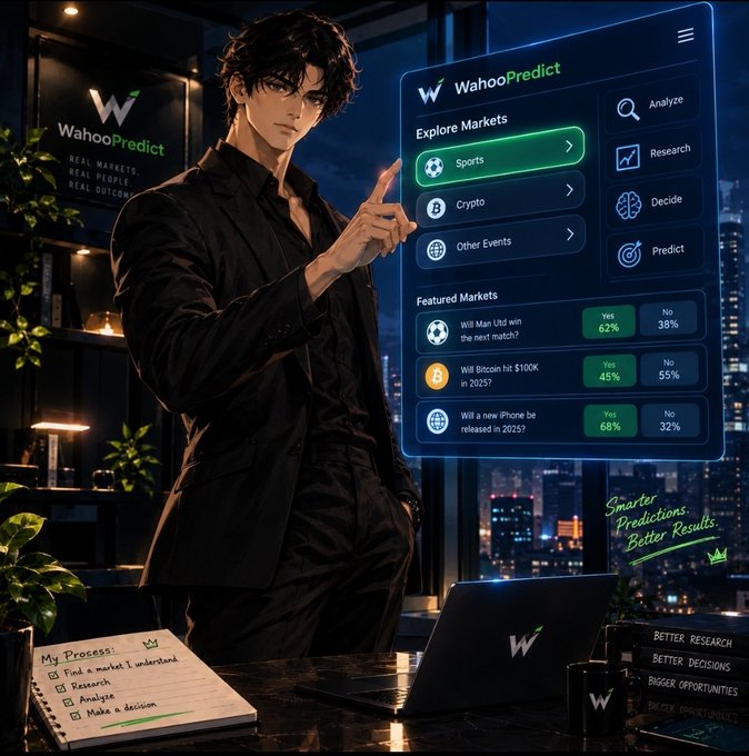 An anime-style illustration of a dark-haired man in a black suit standing by a laptop and holographic display for 'WahooPredict', showing market predictions for Sports, Crypto, and Other Events with a notebook listing his process steps.