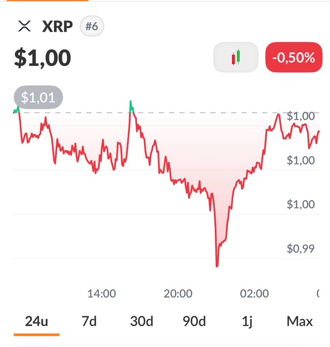 A 24-hour XRP cryptocurrency price chart showing the price at $1.00 with a -0.50% decline, featuring a prominent dip around 20:00.