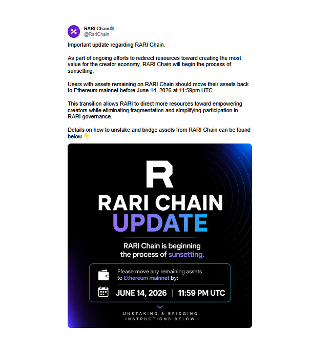 The image shows a flyer for an event related to Rari Chain. The flyer features a black background with white text, announcing the end of the candidate's bid for Rari Chain and the beginning of the creator economy process. The flyer also mentions that users can create assets using RARI Chain, which will be used in the creation of the most valuable asset chain ever created.