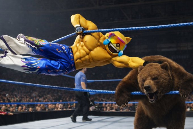 A surreal wrestling match in a ring where a muscular yellow cat mascot wearing flame-patterned pants is slammed against the ropes by a roaring brown bear, with a referee watching in the background.