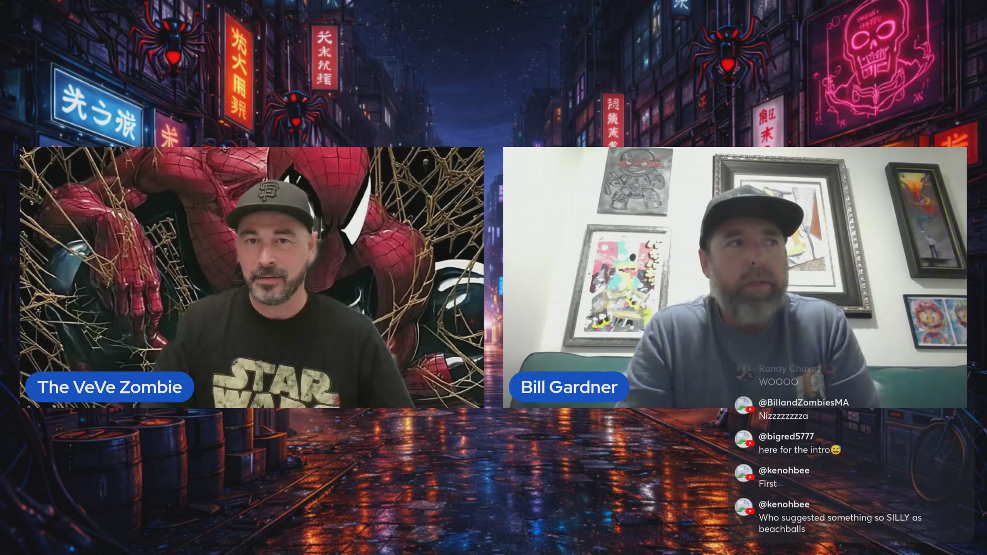 The image shows two men sitting at a table with their backs facing each other. They are wearing baseball caps and appear to be engaged in conversation or watching something together. The background features neon signs, giving an urban atmosphere to the scene. There is also text on the image that reads "OMI Rising, Doodles on VeVe, and Stickerverse Takes Over Telegram!". This suggests that they might be discussing a popular TV show or movie featuring these characters.
