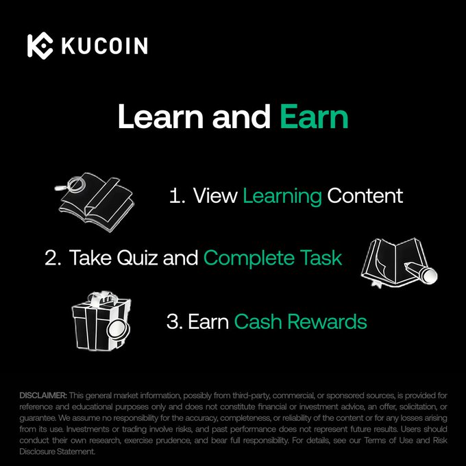 A KuCoin Learn and Earn promotional graphic outlines a three-step process: (1) View Learning Content, (2) Take Quiz and Complete Task, and (3) Earn Cash Rewards, illustrated with simple icons of a book, a quiz notebook, and a gift box. The dark-themed design with green accents reinforces the post's message that users can learn crypto, complete a quiz, and earn real crypto rewards through KuCoin's education program at kucoin.com/learn-and-earn.