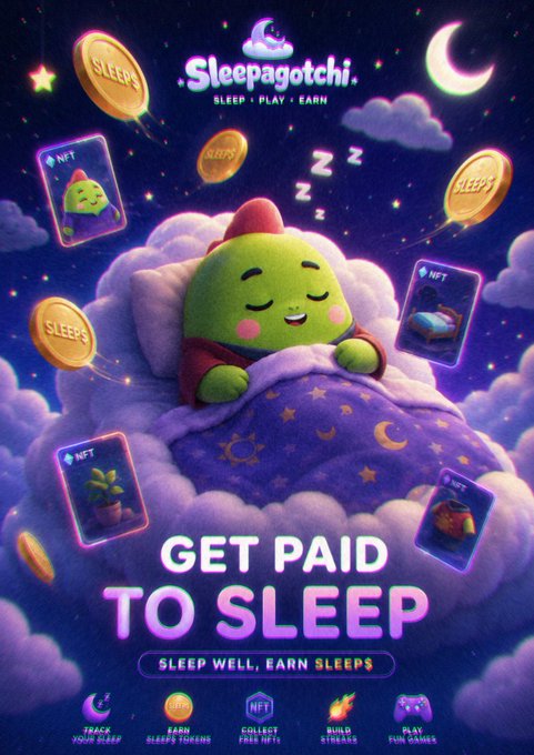 A promotional poster for "Sleepagotchi" featuring a green character sleeping on a cloud pillow under a starry sky, with the tagline "GET PAID TO SLEEP" and icons showing features like "TRACK YOUR SLEEP," "EARN SLEEPS TOKENS," "COLLECT FREE NFTs," "BUILD STREAKS," and "PLAY MINI GAMES."