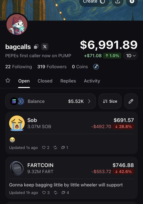 The image shows a Pump.fun profile for user "bagcalls" with a portfolio value of $6,991.89 (+$71.08, 1.0%), displaying significant losses on meme coin holdings including SOB (down 28.8% at $691.57) and FARTCOIN (down 42.6% at $746.88). This visually illustrates the poster's struggle, as their claim of being "PEPES first caller now on PUMP" and aping good narratives is contradicted by their heavily devalued holdings.
