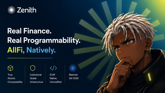 A Zenith promotional graphic for 'Real Finance. Real Programmability. AllFi, Natively.' featuring an anime-style character with white dreadlocks, highlighting features like True Atomic Composability, Institutional Grade Infrastructure, EVM Native, and Mainnet Q4 2026.