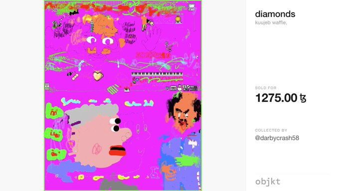 A vibrant, abstract digital artwork titled "diamonds" by kuujeb waffle, featuring colorful cartoon-like faces and figures against a bright pink background, sold on objkt.com for 1275.00 ꜩ and collected by @darbycrash58.