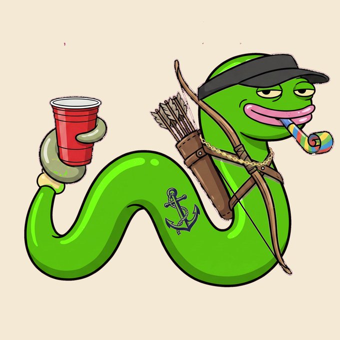 A cartoon illustration of a green snake with a smug expression, wearing a black visor, smoking a pipe, carrying a bow and arrows, holding a red solo cup, and sporting an anchor tattoo on its body.