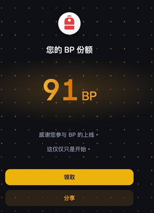 The image shows a dark interface displaying "您的 BP 份额" (Your BP share) with a large "91 BP" highlighted in orange, along with Chinese text thanking the user for participating in BP's launch and two buttons for "领取" (Claim) and "分享" (Share). It relates to the post by visualizing the user's 91 BP airdrop allocation, supporting the claim about receiving an unexpected airdrop quantity.