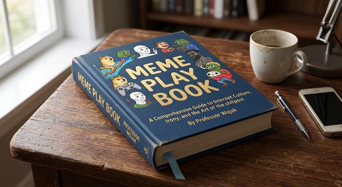 The "MEME PLAY BOOK: A Comprehensive Guide to Internet Culture, Irony, and the Art of the shillpass" by Professor Wojak sits on a wooden desk beside a coffee mug and phone. The book's humorously deceptive title—presented like a serious trading manual—visually mirrors the post's satirical warning about the disciplined "survival principles" required to navigate the ruthless memecoin market.
