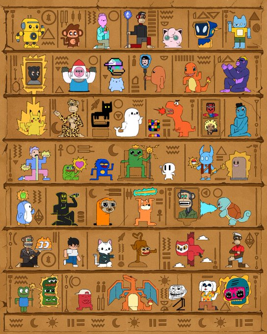 A colorful illustration displays dozens of quirky cartoon characters—including robots, monsters, ghosts, animals, and anthropomorphic figures—arranged in neat rows on a brown background decorated with Egyptian-style hieroglyphics and symbols. The caption "I see me" suggests viewers can find a character in the image that represents or resonates with their own personality or identity.