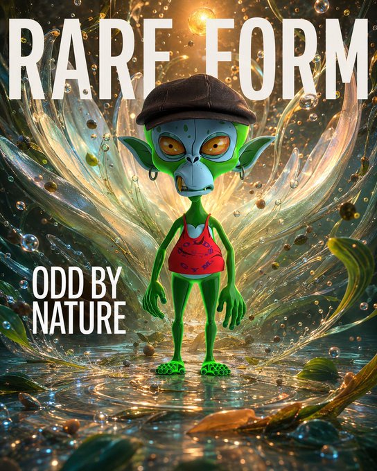 A movie poster-style illustration titled 'RARE FORM' showing a green, gecko-like creature in a red tank top and flat cap standing in a shimmering, crystalline environment, with the tagline 'ODD BY NATURE'.