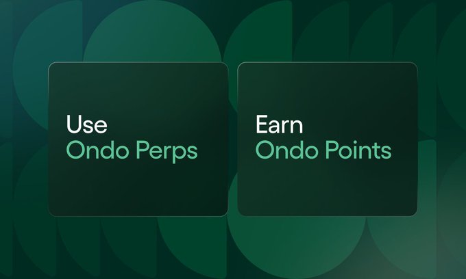 Two dark green cards on a dark background with text 'Use Ondo Perps' and 'Earn Ondo Points'.