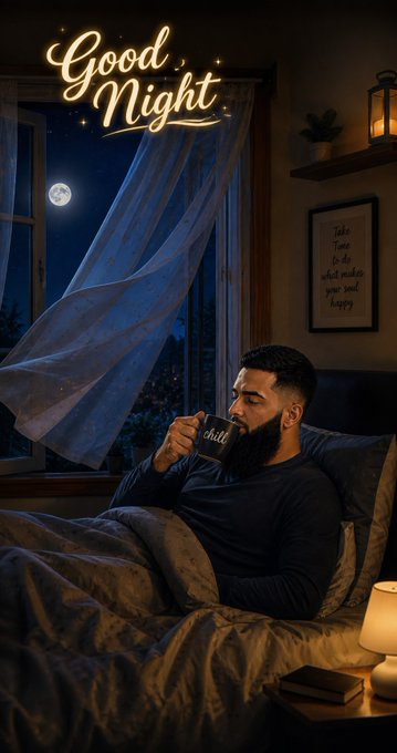 An illustration of a bearded man drinking from a 'chill' mug in bed at night, with a glowing 'Good Night' text and a moonlit window.