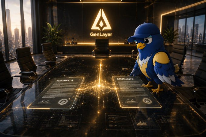A digital rendering of an anthropomorphic blue bird wearing a cap standing in a corporate boardroom with two glowing documents labeled 'AGREEMENT A' and 'AGREEMENT B' on a table, with the GenLayer logo in the background.