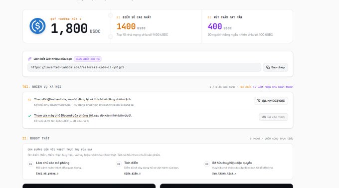 A Vietnamese-language referral page showing rewards of "1,800 USDC," "1,400 USDC," and "400 USDC" with a referral link for Invertr Lambda.