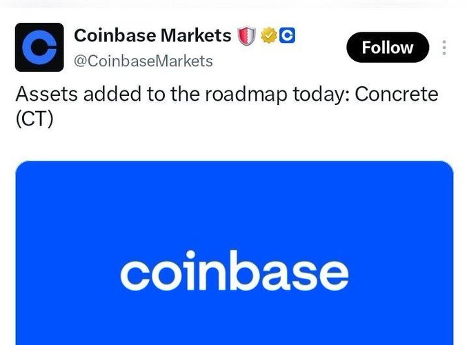 A tweet from Coinbase Markets (@CoinbaseMarkets) announcing that Concrete (CT) has been added to their roadmap.
