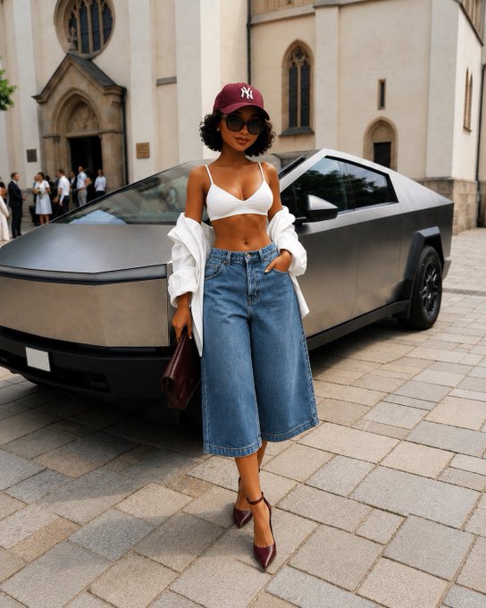 A stylish woman wearing a burgundy NY baseball cap, white crop top, oversized white shirt, and denim midi skirt poses in front of a matte gray Tesla Cybertruck near a stone building.