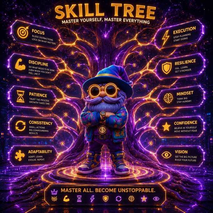A digital illustration titled 'SKILL TREE' with the subtitle 'MASTER YOURSELF. MASTER EVERYTHING' features a character in purple attire surrounded by glowing skill nodes including Focus, Execution, Discipline, Resilience, Patience, Mindset, Consistency, Confidence, Adaptability, and Vision.