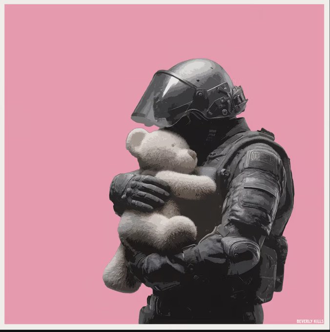 A digital illustration features a heavily armored tactical soldier wearing a black helmet and visor, tenderly cradling a small, fluffy white teddy bear against a solid pink background, signed 'Beverly Hills' in the corner.