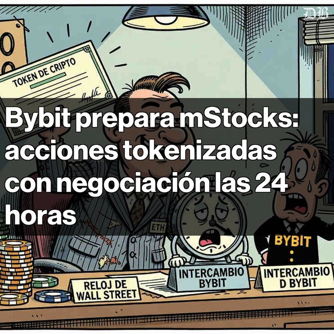 A cartoon-style news graphic with the headline 'Bybit prepara mStocks: acciones tokenizadas con negociación las 24 horas,' featuring characters labeled 'RELOJ DE WALL STREET,' 'INTERCAMBIO BYBIT,' and an ETH character, alongside a 'TOKEN DE CRIPTO' certificate.