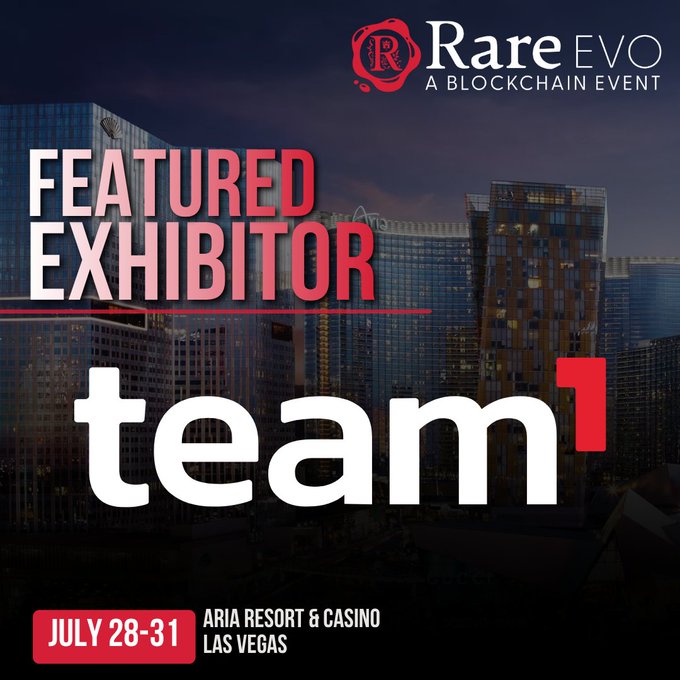 A promotional graphic announcing 'team1' as a 'FEATURED EXHIBITOR' at the 'Rare EVO A Blockchain Event' held July 28-31 at Aria Resort & Casino, Las Vegas.