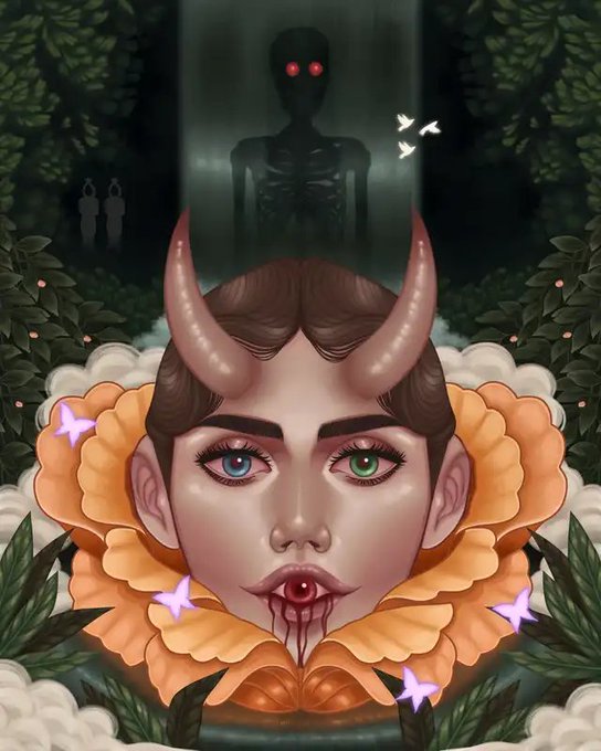 A surreal digital illustration featuring a horned female figure with heterochromia (blue and green eyes) and a pierced lip, wearing a yellow flower collar, with a shadowy horned figure in the dark background.